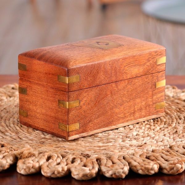 Alternate image for Handmade Brown Acacia Wood Deck Box with Inlaid Brass Motifs Fortune Secrets