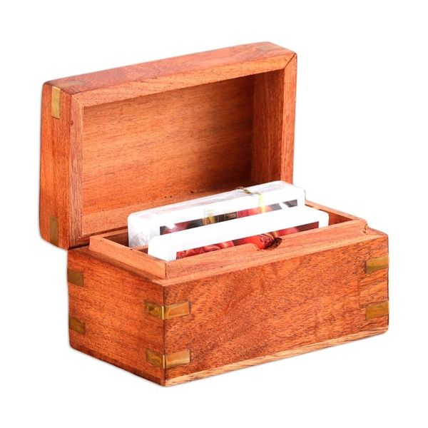 Alternate image for Handmade Brown Acacia Wood Deck Box with Inlaid Brass Motifs Fortune Secrets
