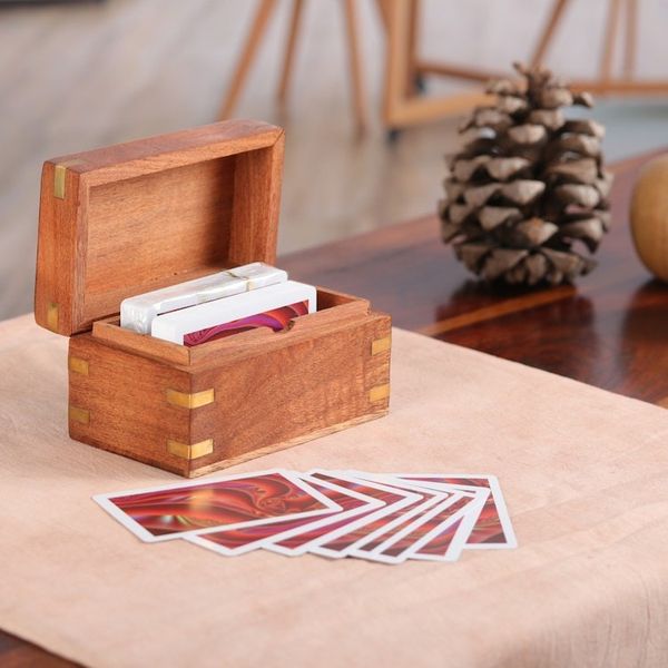 Alternate image for Handmade Brown Acacia Wood Deck Box with Inlaid Brass Motifs Fortune Secrets