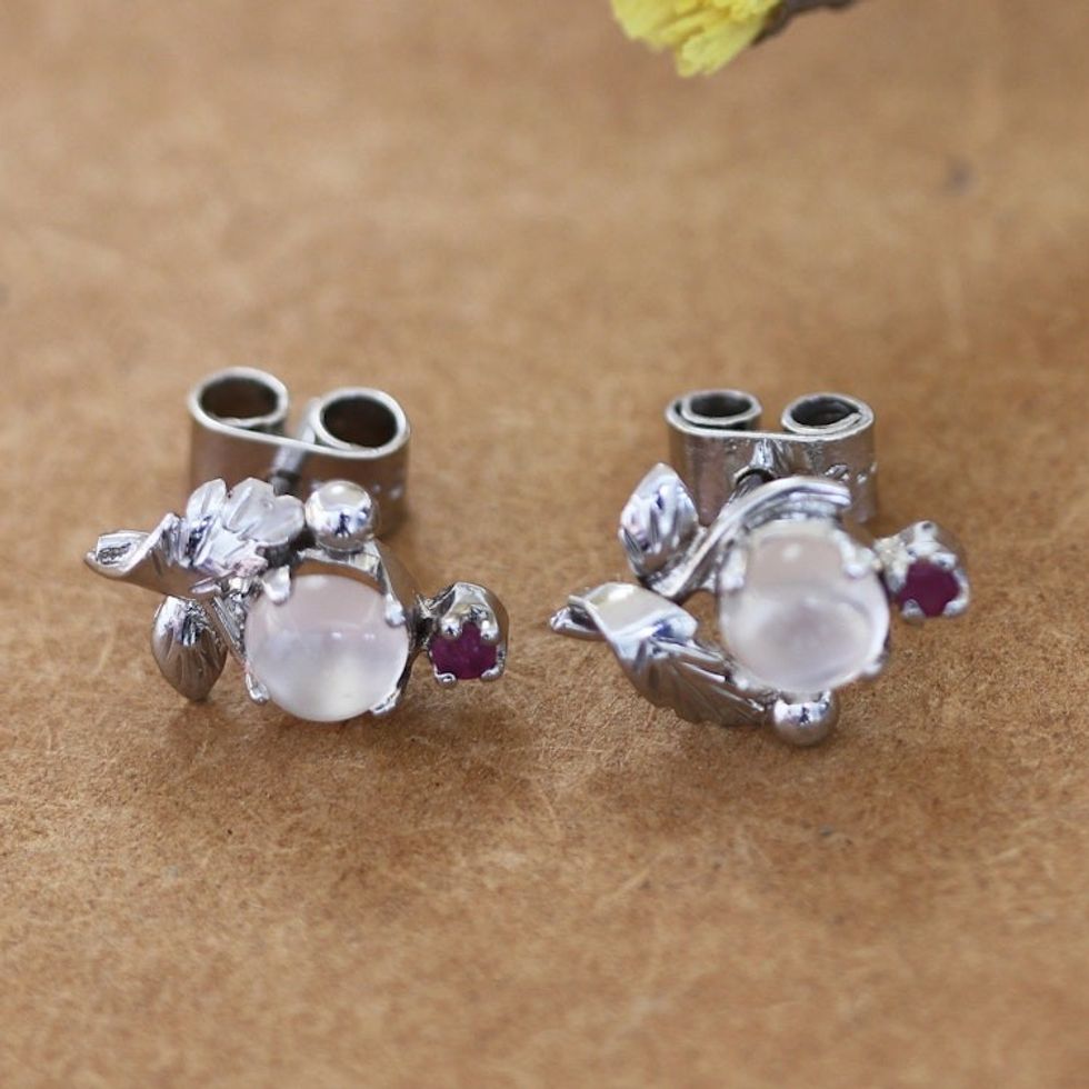 Polished Leafy Button Earrings with Moonstone and Ruby Gems 'Passion Talisman'