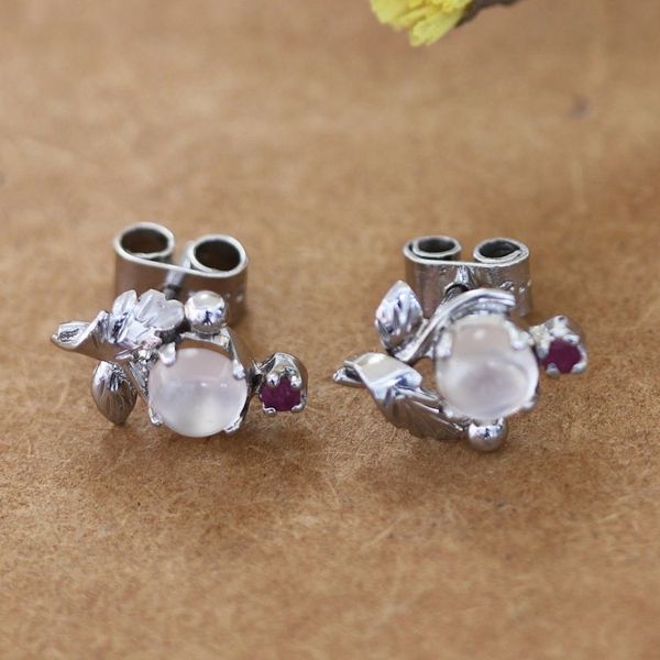 Alternate image for Polished Leafy Button Earrings with Moonstone and Ruby Gems Passion Talisman