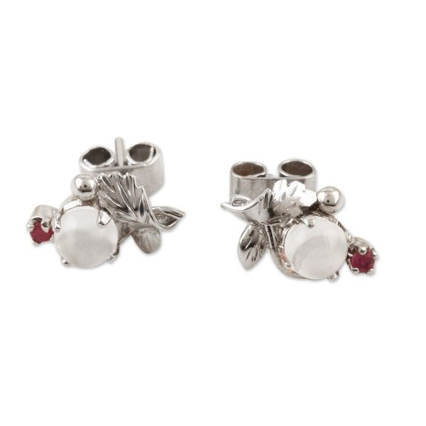 Alternate image for Polished Leafy Button Earrings with Moonstone and Ruby Gems Passion Talisman