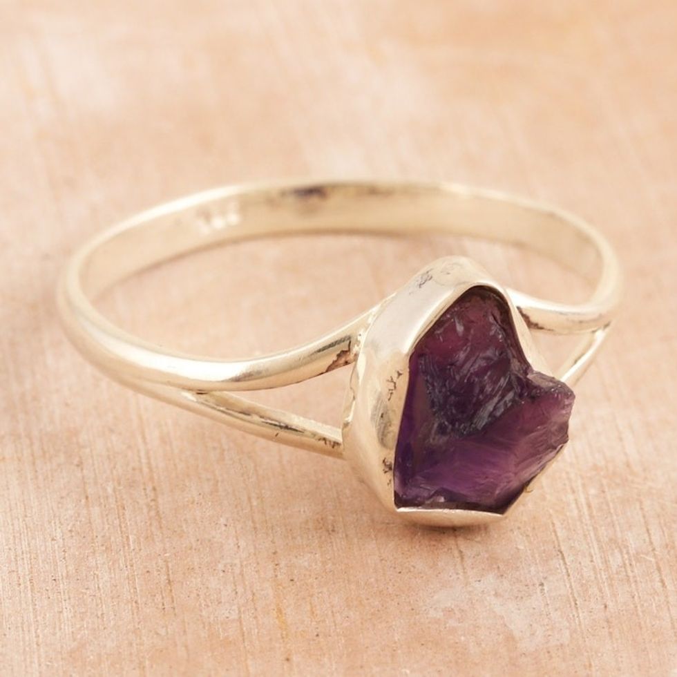 Sterling Silver Single Stone Ring with Freeform Amethyst Gem 'Graceful Magic'