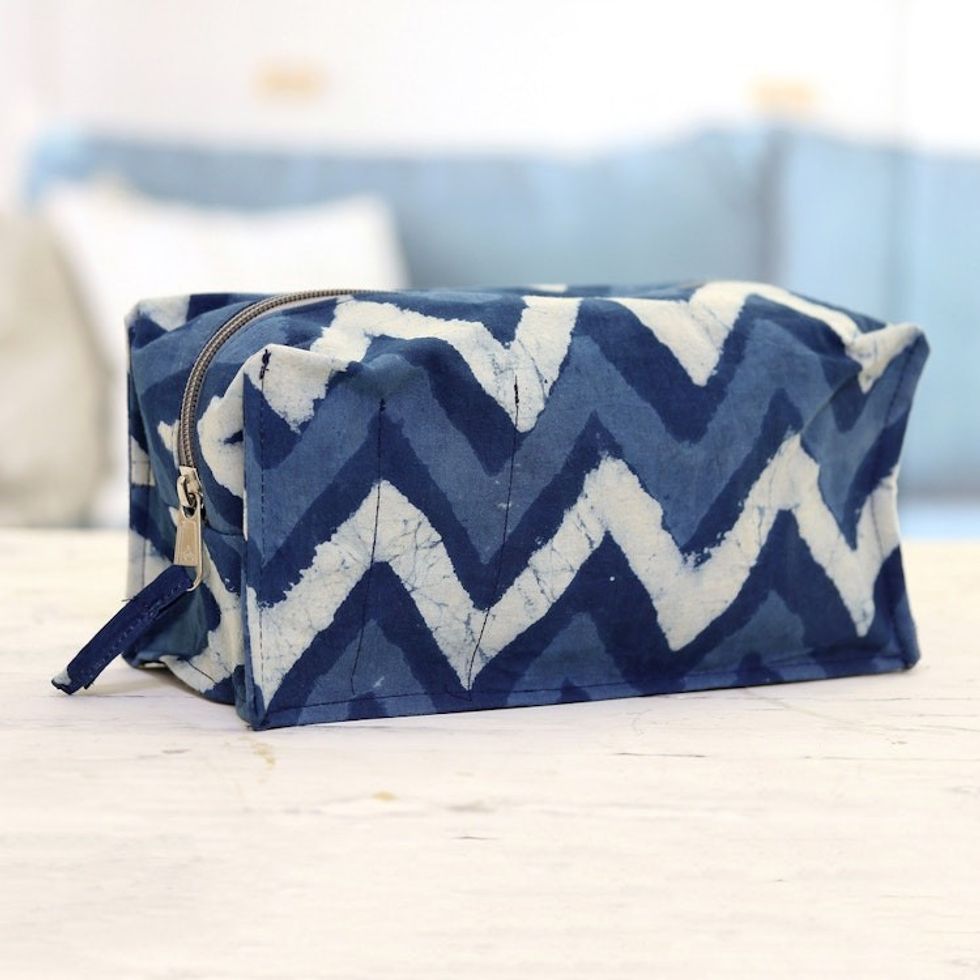 Blue Cotton Travel Case with Hand-Block Printed Wavy Pattern 'Azure Waves'