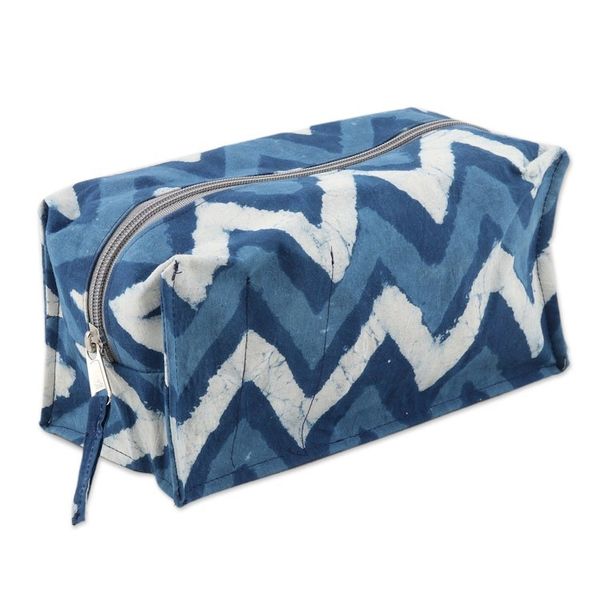 Alternate image for Blue Cotton Travel Case with Hand-Block Printed Wavy Pattern Azure Waves