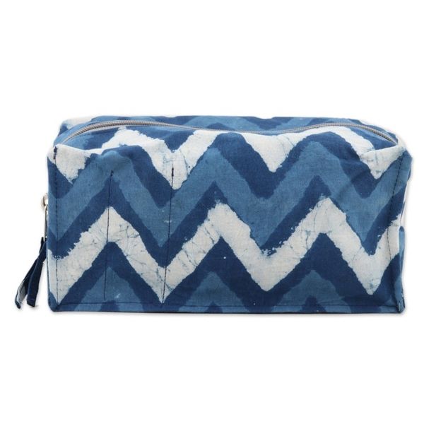 Alternate image for Blue Cotton Travel Case with Hand-Block Printed Wavy Pattern Azure Waves