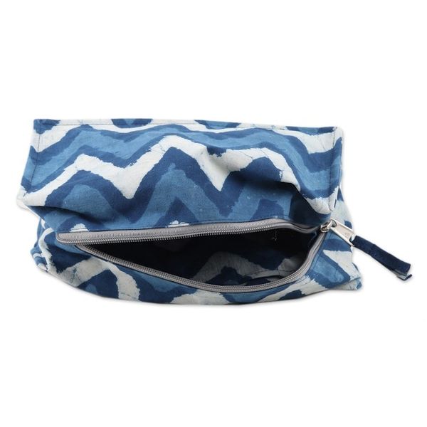 Alternate image for Blue Cotton Travel Case with Hand-Block Printed Wavy Pattern Azure Waves