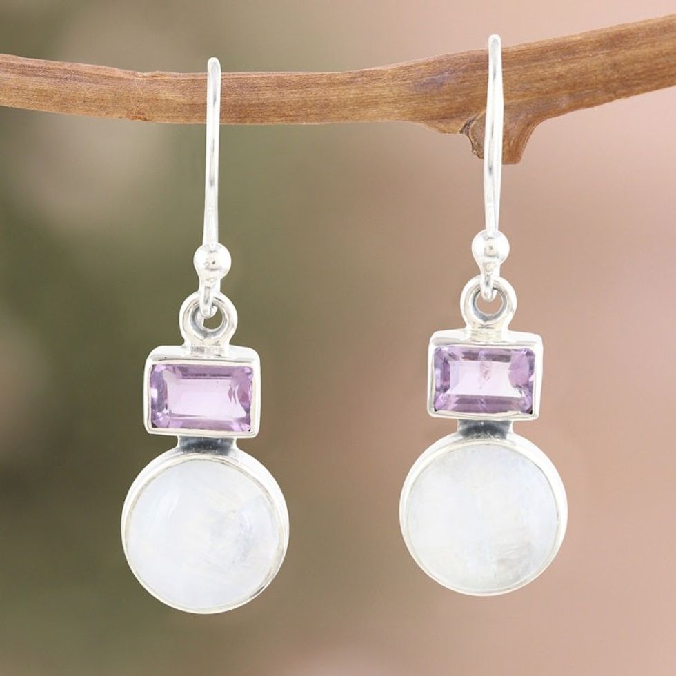 Rainbow Moonstone and Amethyst Dangle Earrings from India 'Stylish Alliance'