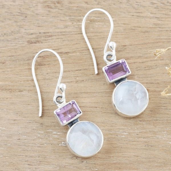 Alternate image for Rainbow Moonstone and Amethyst Dangle Earrings from India Stylish Alliance