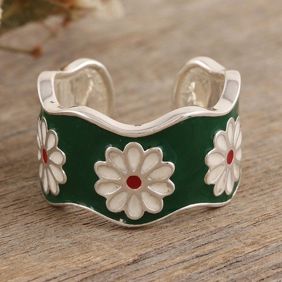Hand-Painted Sterling Silver Wrap Ring with Floral Motif 'Green Blossoms'