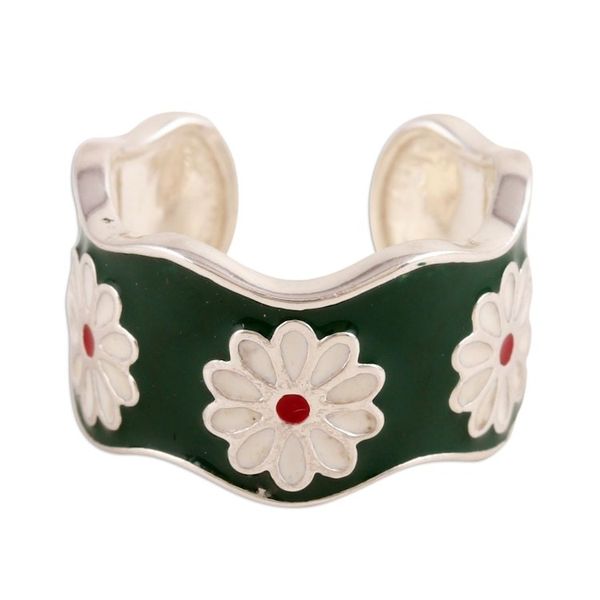 Alternate image for Hand-Painted Sterling Silver Wrap Ring with Floral Motif Green Blossoms