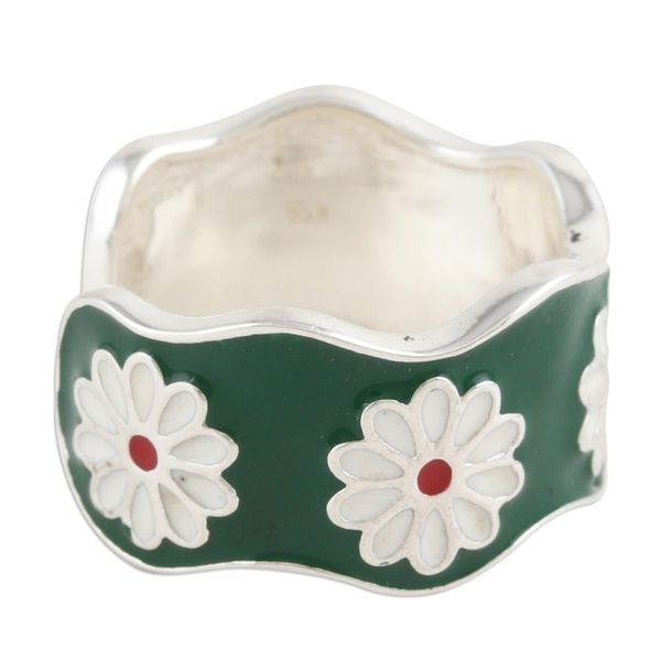 Alternate image for Hand-Painted Sterling Silver Wrap Ring with Floral Motif Green Blossoms