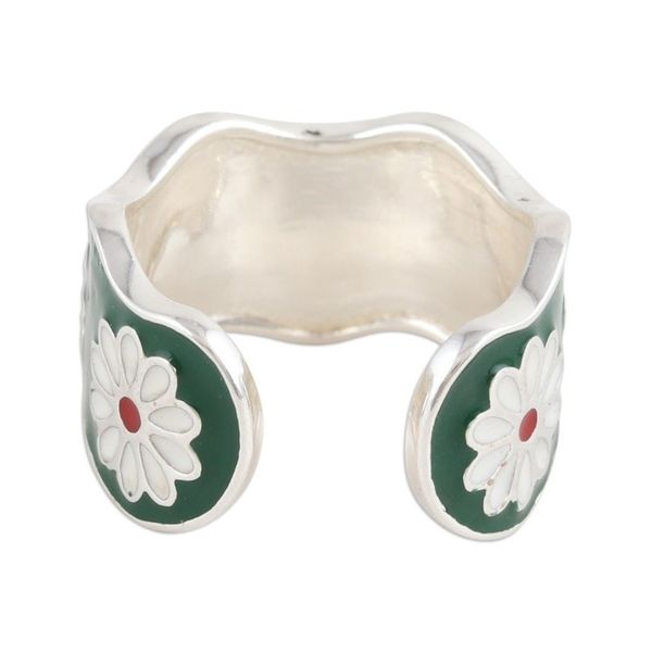 Alternate image for Hand-Painted Sterling Silver Wrap Ring with Floral Motif Green Blossoms