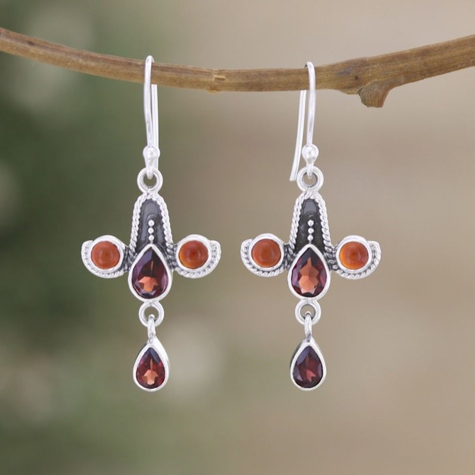 Garnet Carnelian and Sterling Silver Dangle Earrings 'Red Allure'