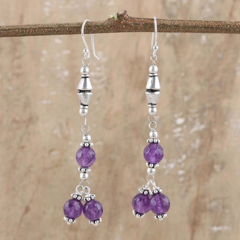 Sterling Silver Dangle Earrings with Purple Onyx Gems 'Vigorous Maiden'