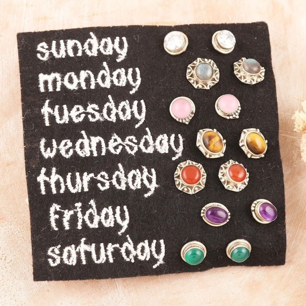 Set of 7 Gemstone Stud Earrings in a Polished Finish 'Energizing Days'