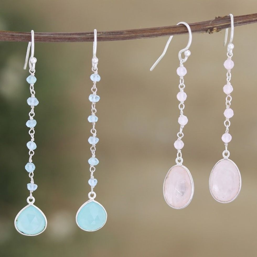 Chalcedony and Rose Quartz Dangle Earrings Set of 2 'Paradise of Blessings'