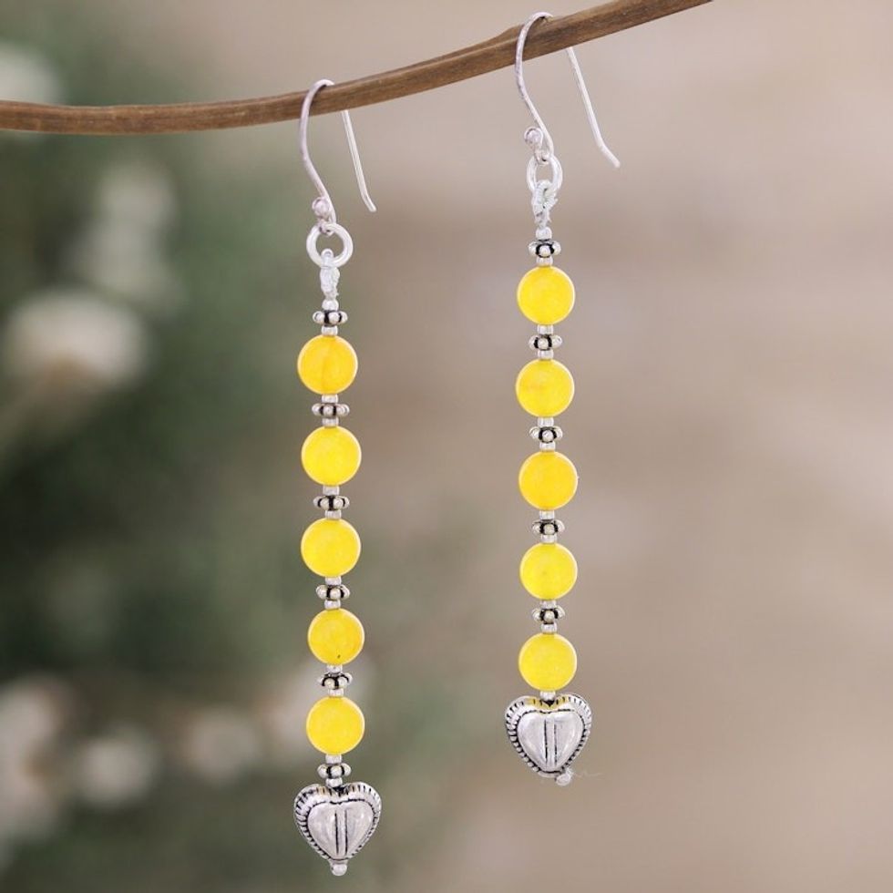 Sterling Silver Dangle Earrings with Yellow Onyx Beads 'Sunny Burst'