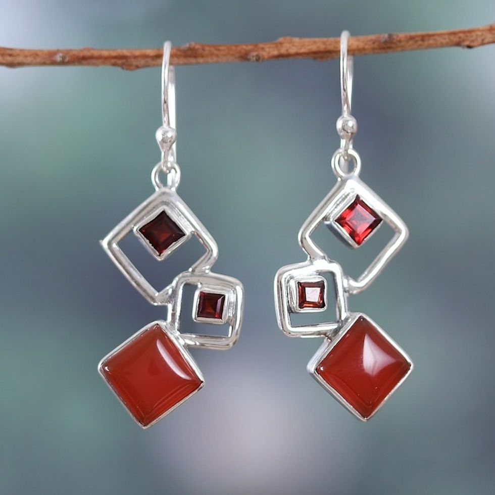Geometric Natural Garnet and Carnelian Dangle Earrings 'Nouvelle Red'