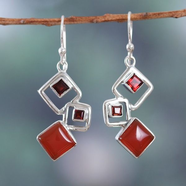 Alternate image for Geometric Natural Garnet and Carnelian Dangle Earrings Nouvelle Red