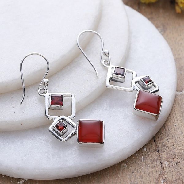 Alternate image for Geometric Natural Garnet and Carnelian Dangle Earrings Nouvelle Red