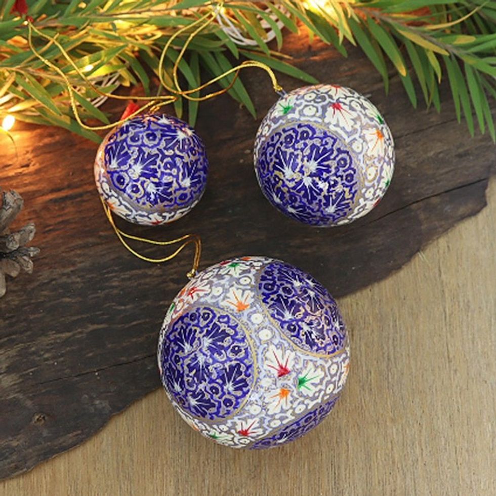 Set of 3 Papier Mache Ornaments with Blue Floral Details 'Holiday Buds'