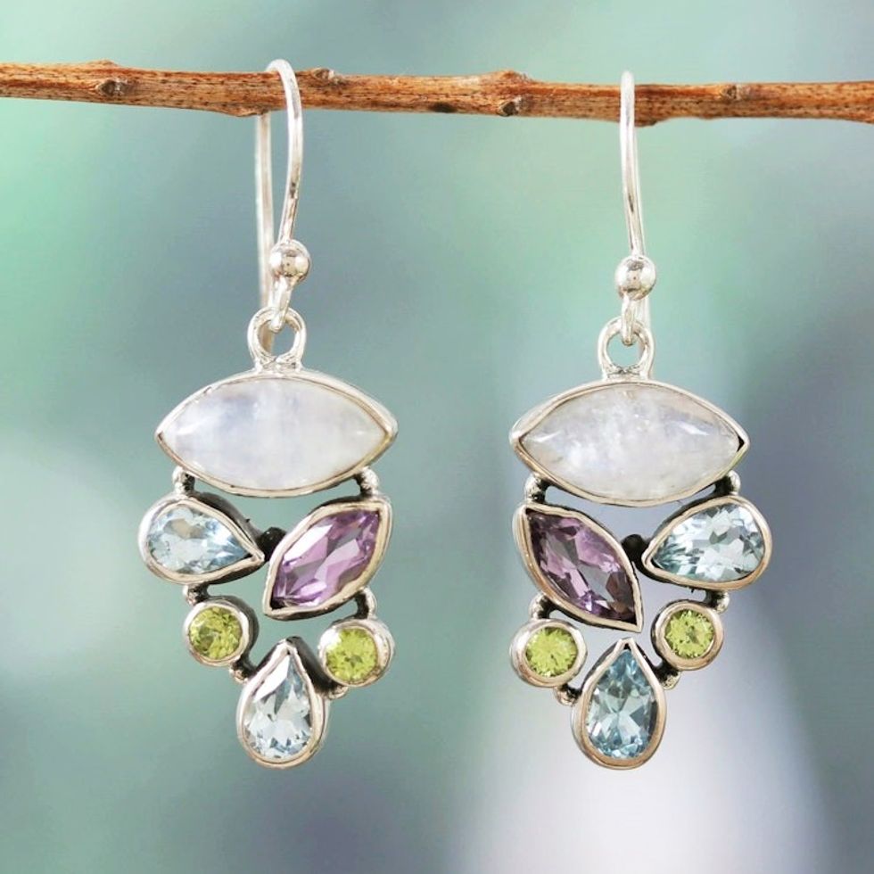 Multi-Gemstone Sterling Silver Dangle Earrings from India 'Stylish Glam'