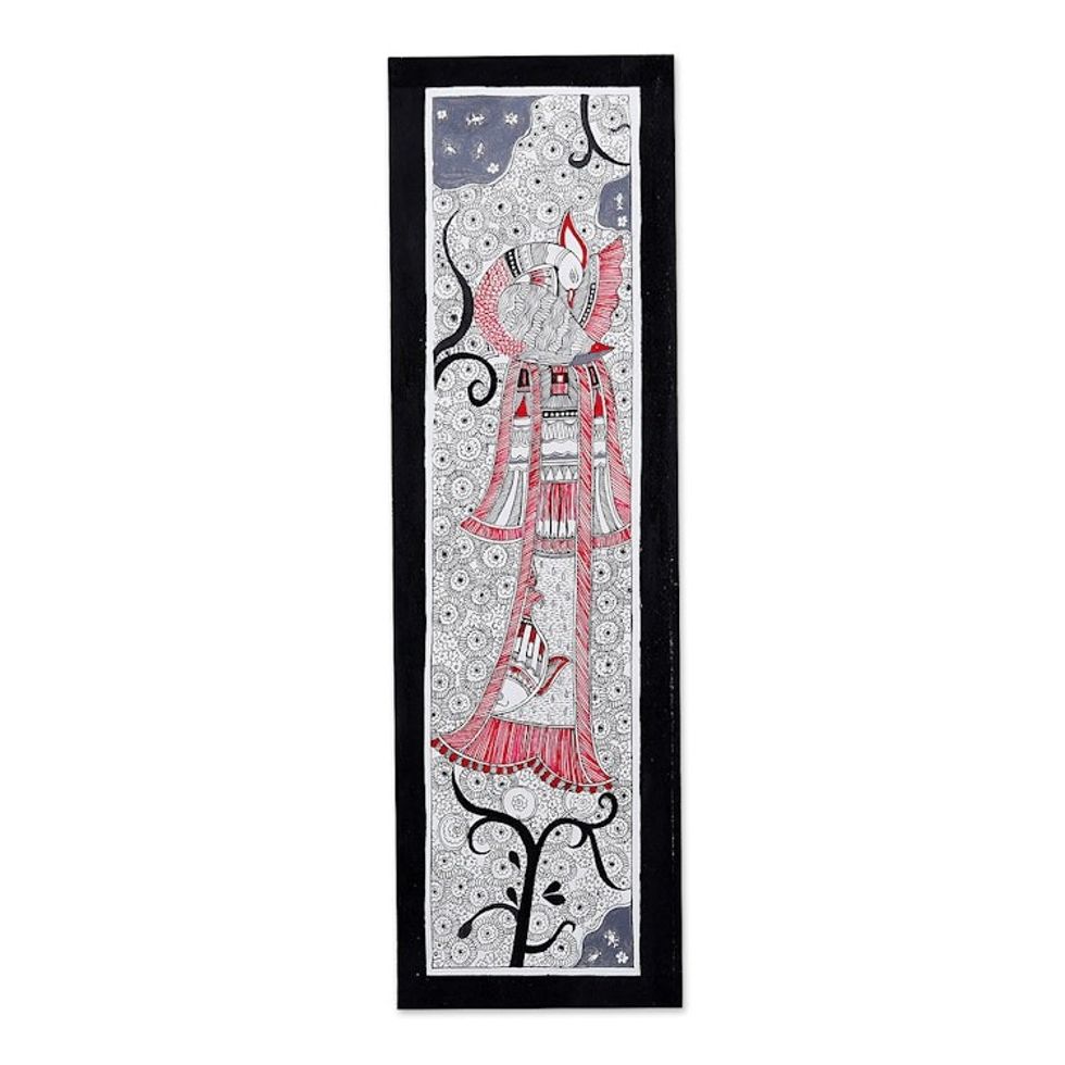 Acrylic Ink on Cotton Paper Peacock Madhubani Art 'Majestic Peacock'