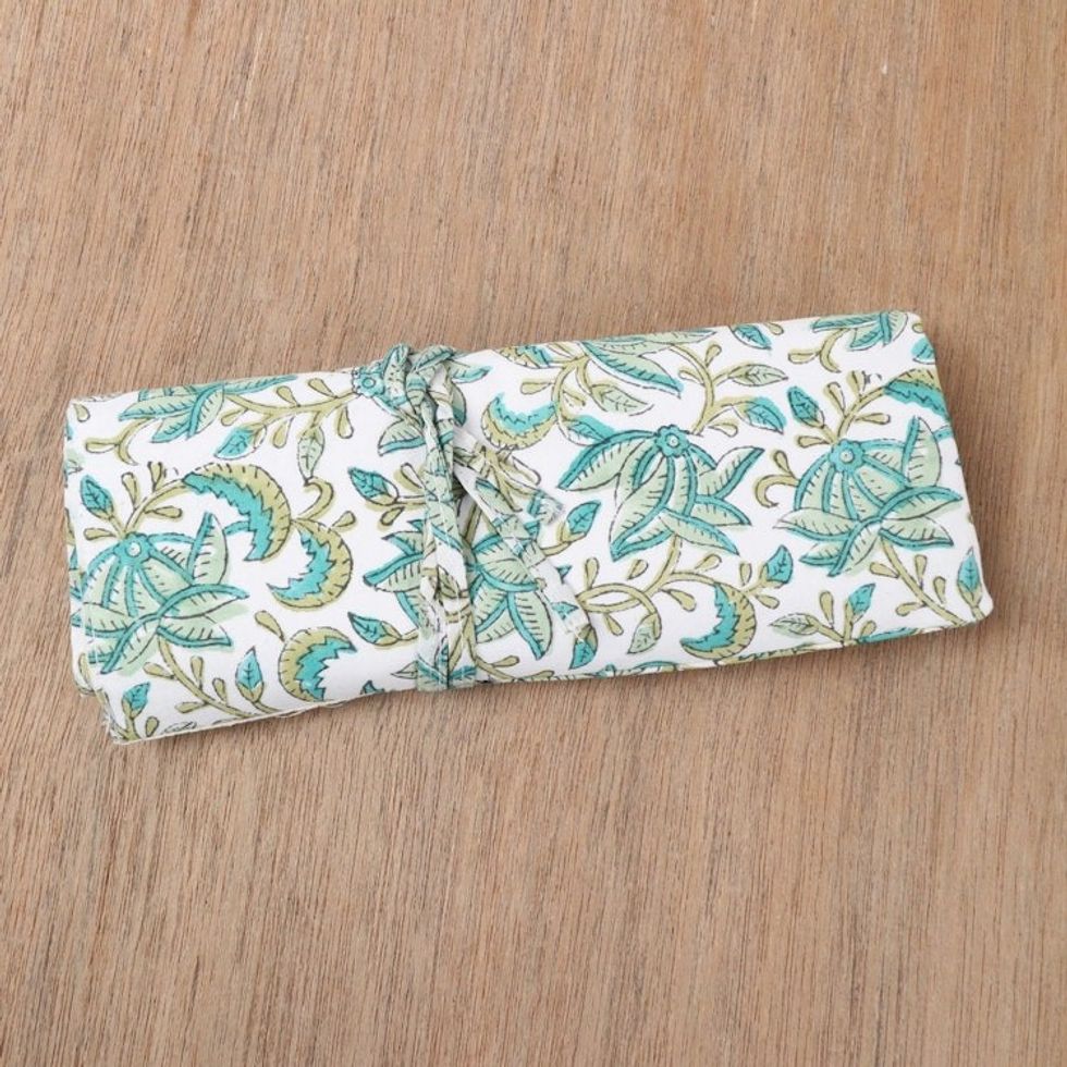 Cotton Roll Pencil Case with Hand-Block Printed Leafy Design 'Leafy Friends'