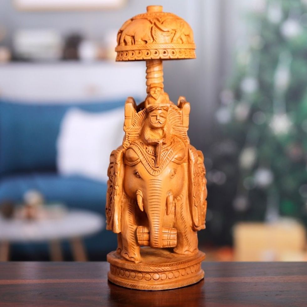 Hand-Carved Classic Elephant Kadam Wood Sculpture Large 'Majestic Heritage'