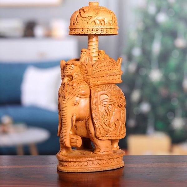 Alternate image for Hand-Carved Classic Elephant Kadam Wood Sculpture Large Majestic Heritage