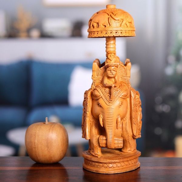 Alternate image for Hand-Carved Classic Elephant Kadam Wood Sculpture Large Majestic Heritage