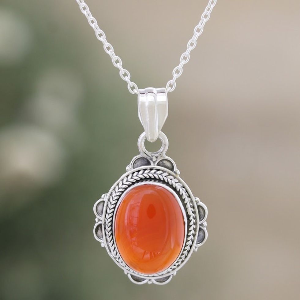 Red Onyx and Sterling Silver Pendant Necklace from India 'Crimson Love'