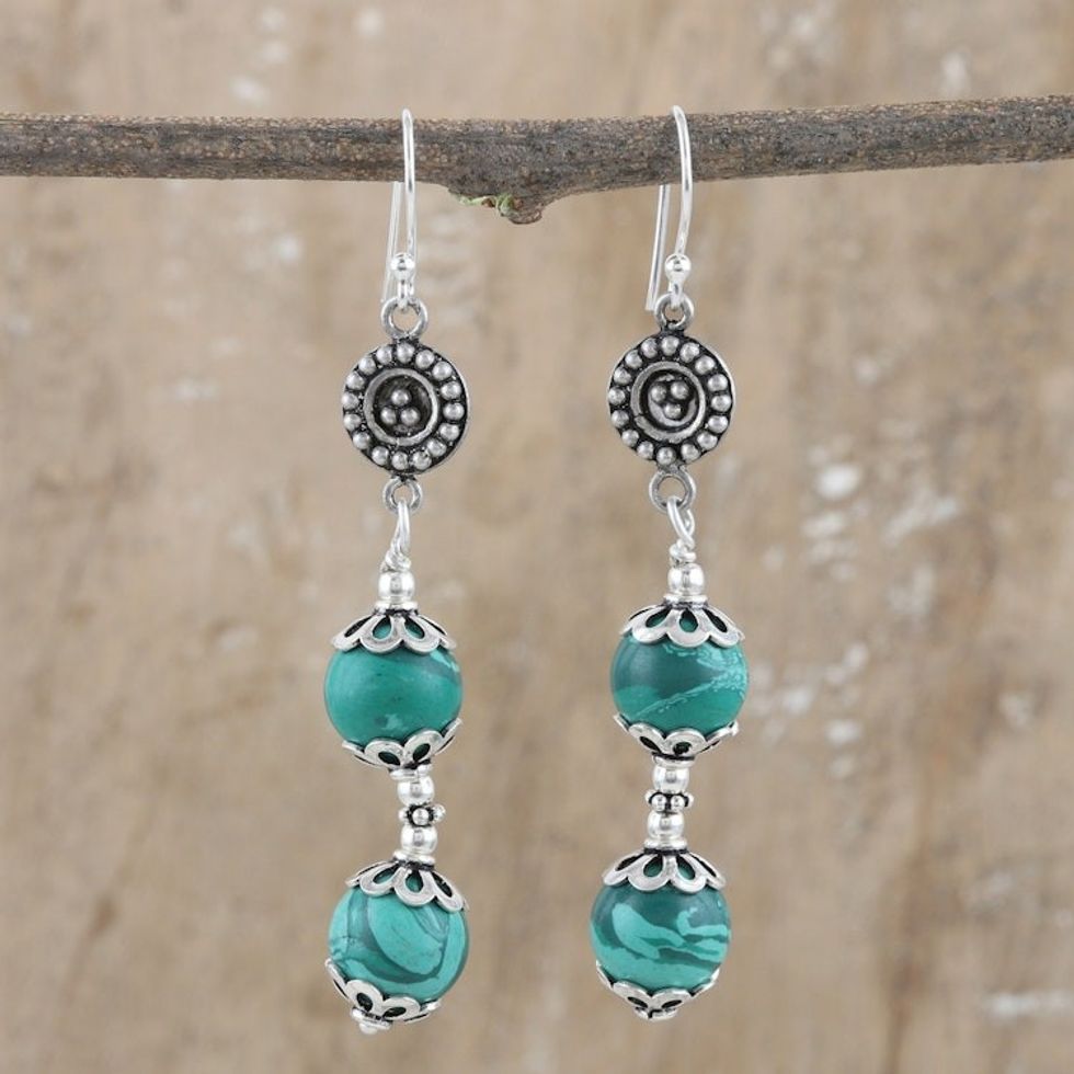 Sterling Silver Dangle Earrings with Natural Malachite Gems 'Soothing Countess'