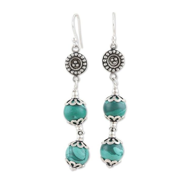 Alternate image for Sterling Silver Dangle Earrings with Natural Malachite Gems Soothing Countess