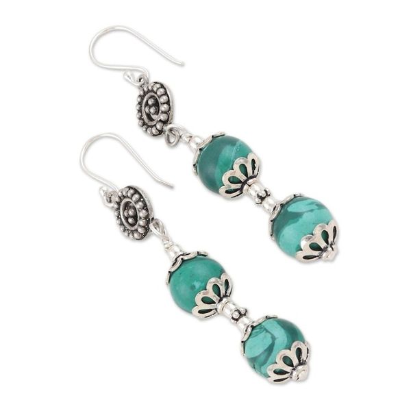 Alternate image for Sterling Silver Dangle Earrings with Natural Malachite Gems Soothing Countess