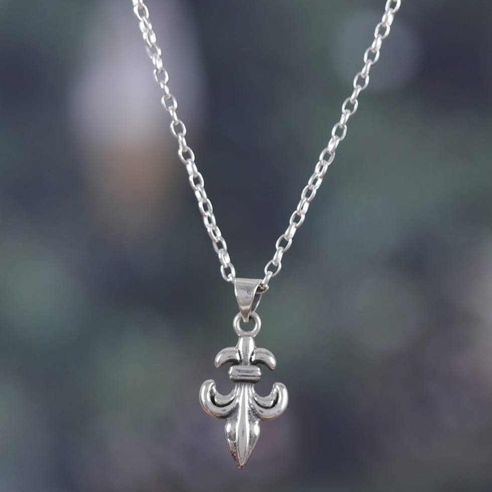 Fleur de Lis Themed Men's Sterling Silver Pendant Necklace 'Stylish Fleur de Lis'
