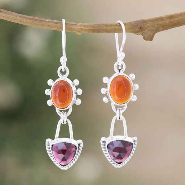 Alternate image for Carnelian Dangle Earrings with Faceted 5-Carat Garnet Gems Courageous Crimson