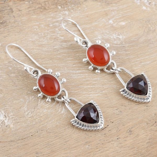 Alternate image for Carnelian Dangle Earrings with Faceted 5-Carat Garnet Gems Courageous Crimson