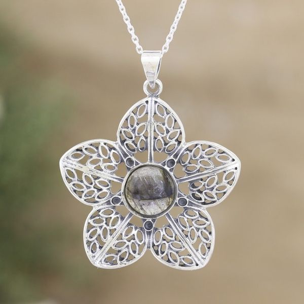 Alternate image for Sterling Silver Flower Pendant Necklace with Labradorite Floral Attraction