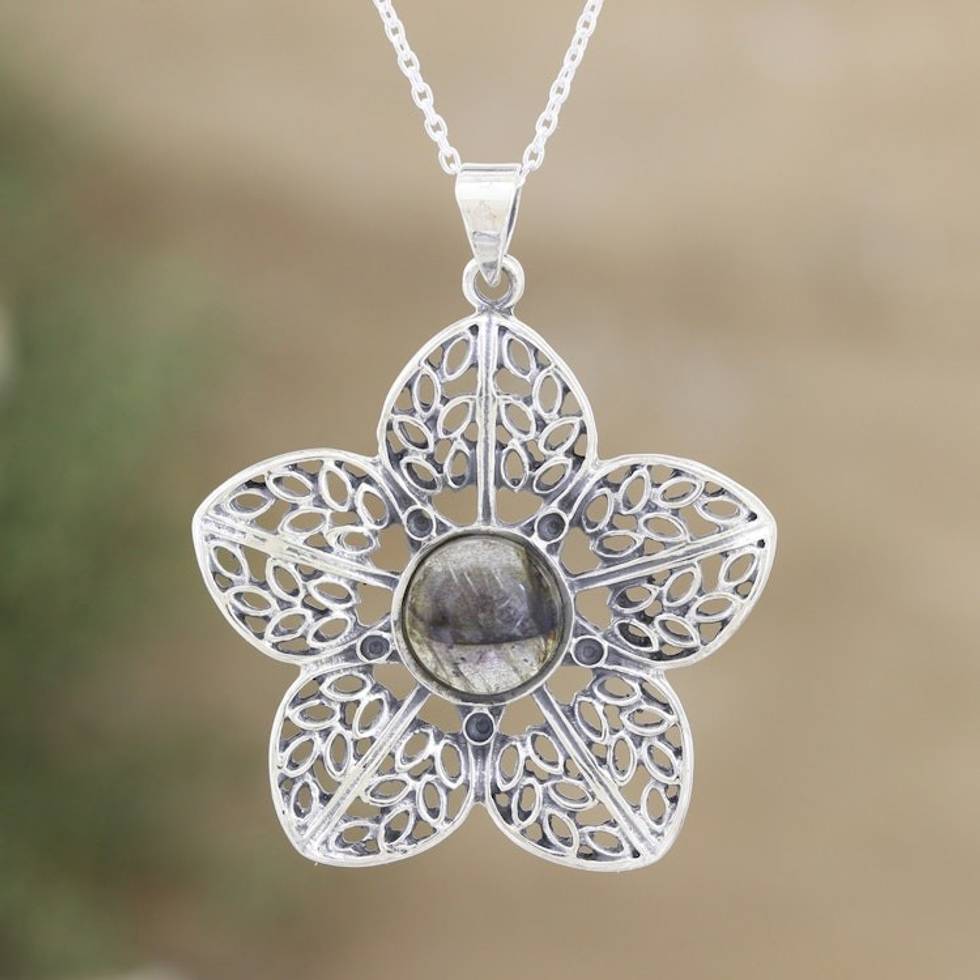 Sterling Silver Flower Pendant Necklace with Labradorite 'Floral Attraction'