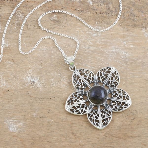 Alternate image for Sterling Silver Flower Pendant Necklace with Labradorite Floral Attraction