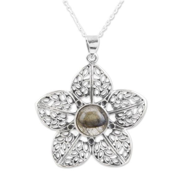 Alternate image for Sterling Silver Flower Pendant Necklace with Labradorite Floral Attraction