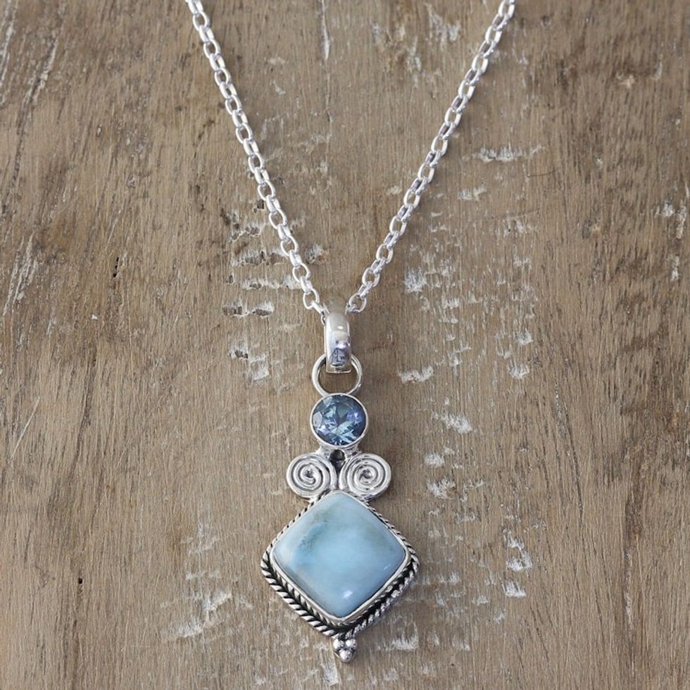 Blue Topaz and Larimar Sterling Silver Pendant Necklace 'Pastel Seas'