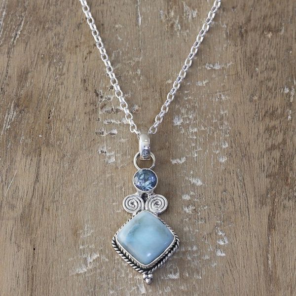 Alternate image for Blue Topaz and Larimar Sterling Silver Pendant Necklace Pastel Seas