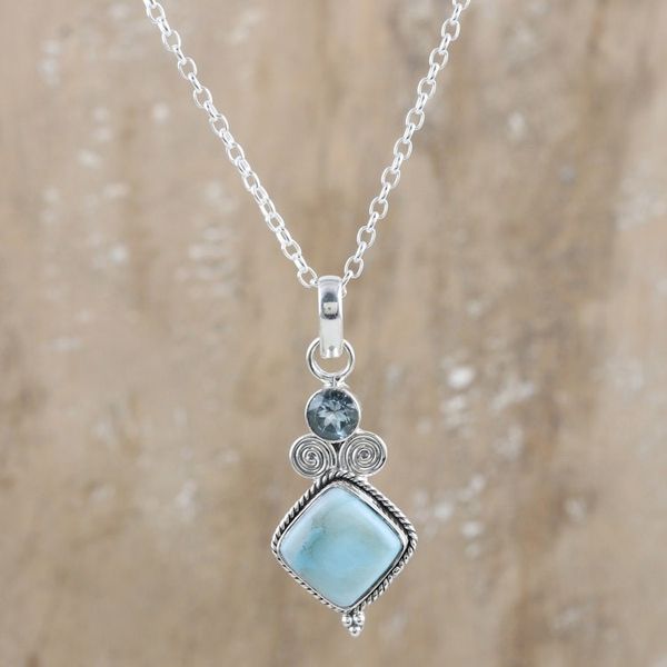 Alternate image for Blue Topaz and Larimar Sterling Silver Pendant Necklace Pastel Seas