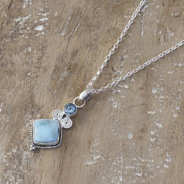 Alternate image for Blue Topaz and Larimar Sterling Silver Pendant Necklace Pastel Seas