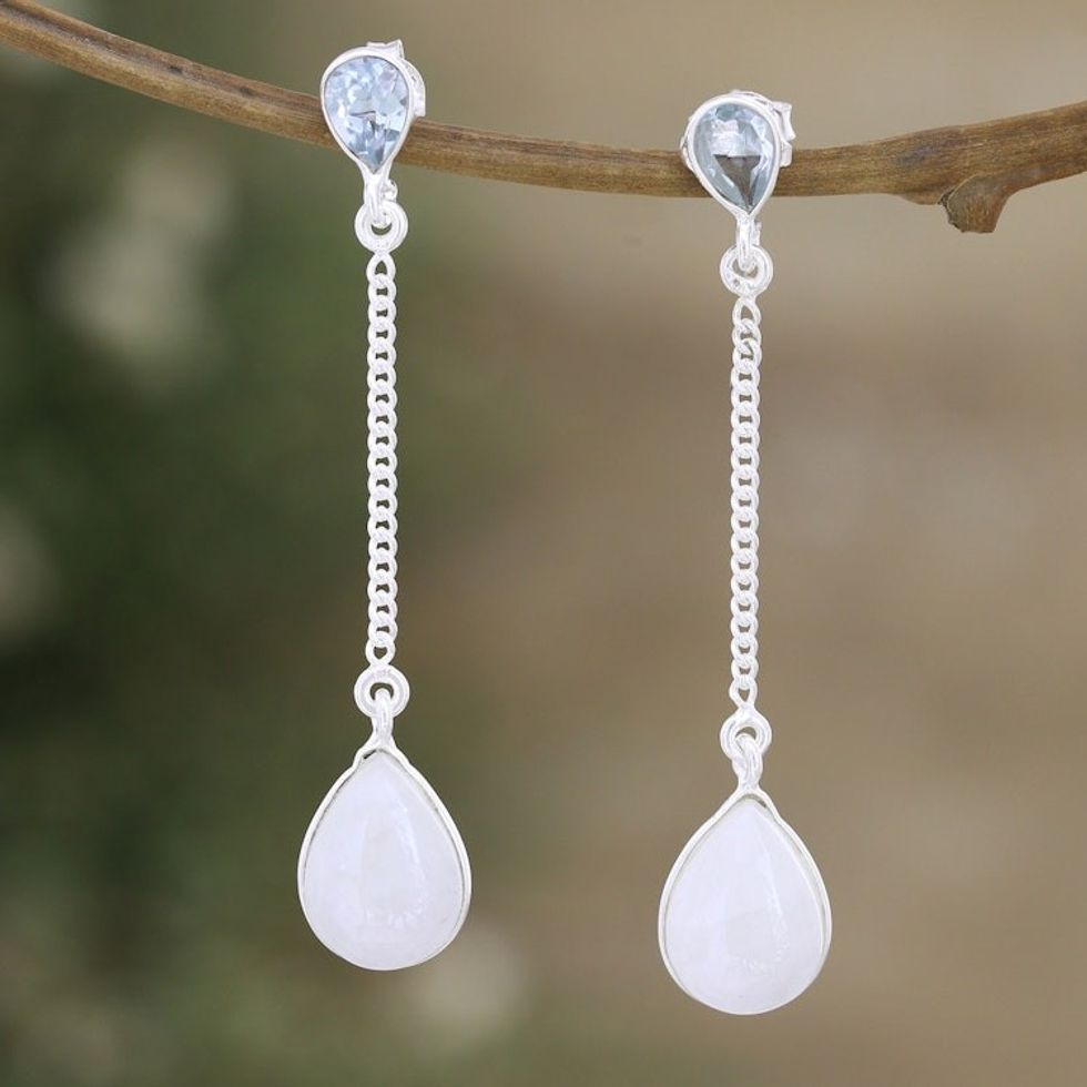 Silver Dangle Earrings with Rainbow Moonstone Blue Topaz 'Simply Chic'