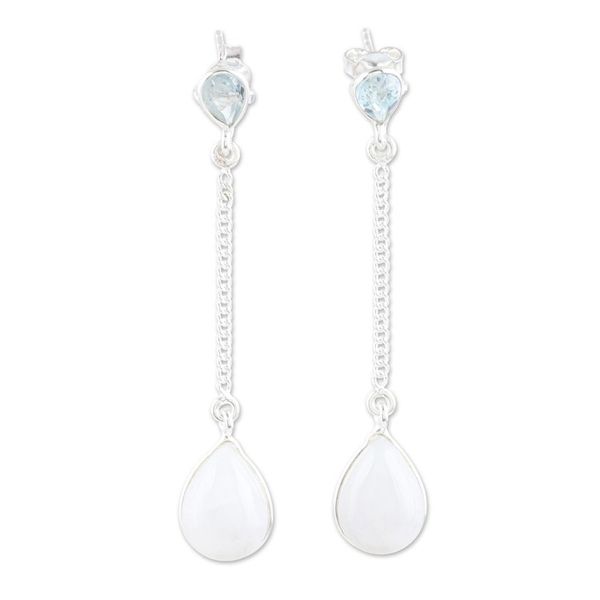 Alternate image for Silver Dangle Earrings with Rainbow Moonstone Blue Topaz Simply Chic
