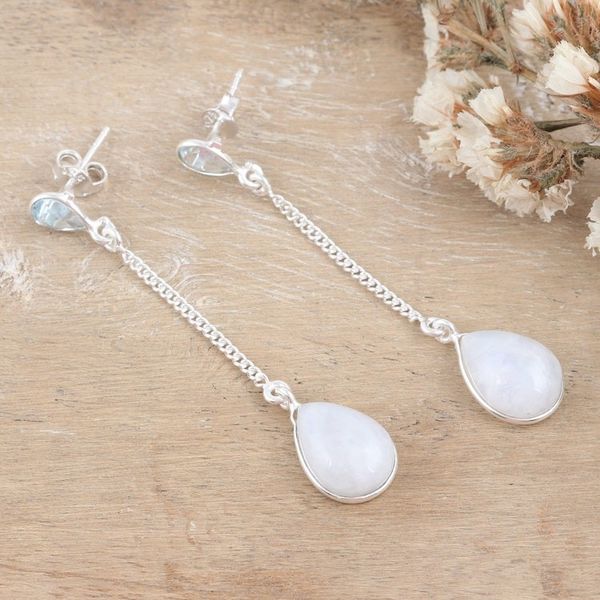 Alternate image for Silver Dangle Earrings with Rainbow Moonstone Blue Topaz Simply Chic